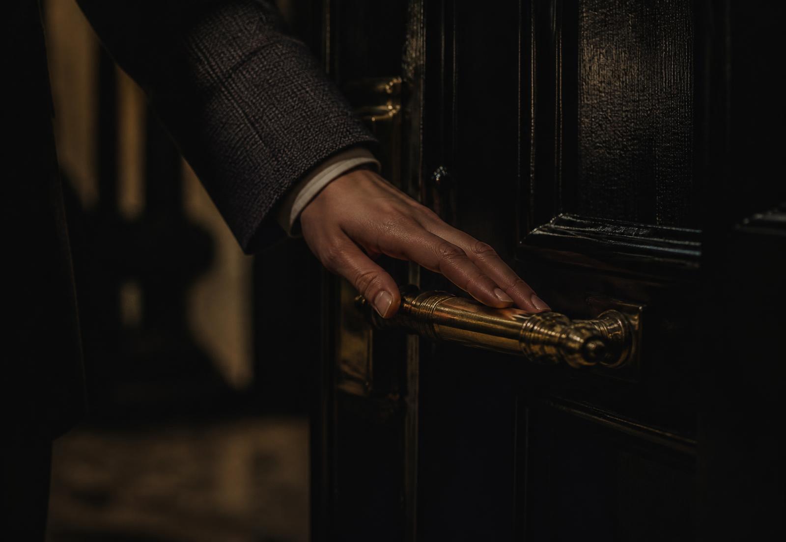 A hand resting on the brass handle of a dark lacquered door